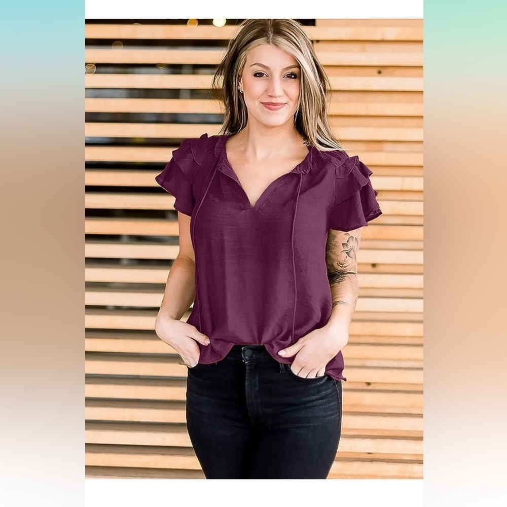 Maroon, Short Sleeve with Ruffle and tie detail Blouse - Picture 6 of 7